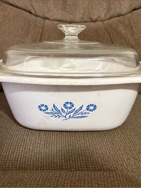 Corningware White Casserole with Blue Floral Motif and Glass Lid